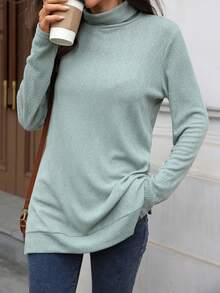 Womens Knit Tops Fall Long Sleeve Turtleneck Solid Color Slit Hem Casual Pullover Sweater - Green - View 5
