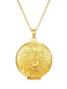 1pc Vintage Stainless Steel Locket Pendant Necklace, Open Design Can Hold Photos, Hollow Round Frame Necklace - Yellow Gold - View 4