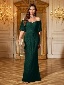 Elisanya UNITHORSE Rochie elegantă de seară, mulată, cu paiete strălucitoare, fără spate, cu umeri goi, rochie de mireasă, ținute de ziua de naștere, rochie de absolvire, rochie formală, haine de toamnă pentru femei - Verde inchis - Vizualizare 3