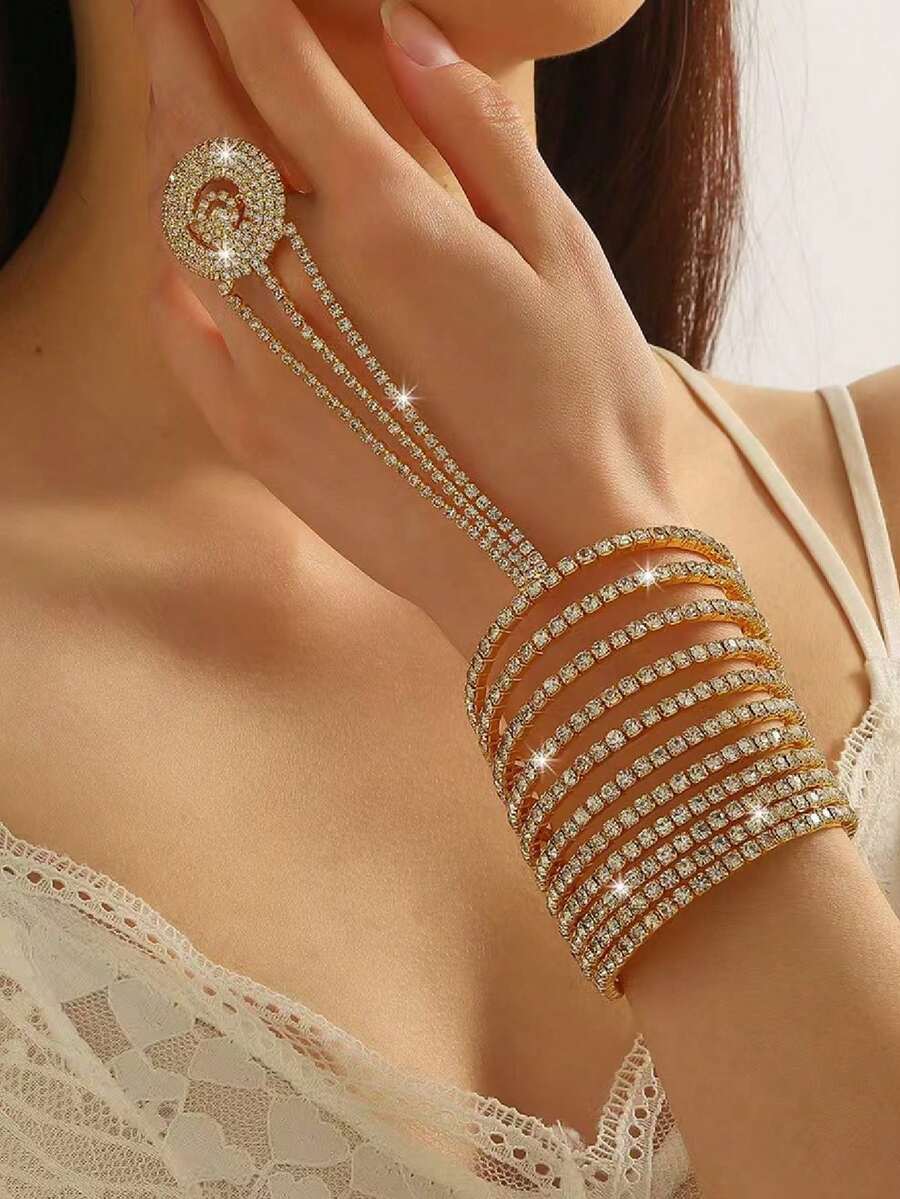 1 chiếc vòng tay xích ngón tay nhiều lớp pha lê thời trang, vòng tay co giãn đính kim cương lấp lánh, phụ kiện trang sức cô dâu - Vàng - Xem 1