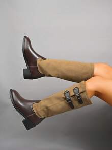 Westlicher Stil Schlüpf-Stiefel modisch sexy vielseitig Kniehohe Stiefel, bequeme & schöne Kniehohe Stiefel mit niedrigem Absatz rutschfest für Frauen, Outdoor Country Resort Kniehohe Stiefel, Schneestiefel, Wadenlange Stiefel, Plateau Dicksohlenstiefel, Reitstiefel, Kampfstiefel, wasserdichte Plateau Laufschuhe, Wanderschuhe, Stiefel mit Plateauabsatz, Patchwork Stiefel, Kniehohe Modestiefel