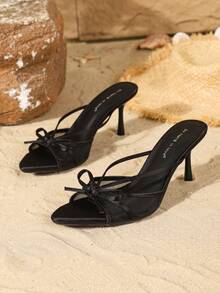 On feet& in love Women's Fashionable Elegant Mesh Bow Open Toe High Heel Slide Sandals, Suitable For Wearing With Dresses In Summer - Black - View 4