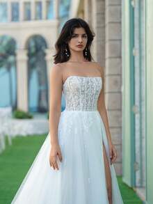 YOUKEFEIER 新款无肩带美人鱼蕾丝刺绣串珠性感高开衩长款婚纱，新娘礼服 - 米色 - 查看 3