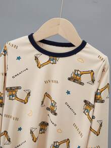 2pcs/Set Toddler Boys Cartoon Excavator Print Thick Long Sleeve Top And Long Pants Pajama Set, Autumn/Winter