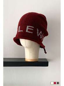 Letter Knitted Cuffed Beanie Hat For Women, Autumn/Winter, Fashionable, Face-Slimming, Large Head Circumference, Cold-Proof, Simple, Versatile, Ear-Warming, Knitted Hat With Plaid Ruffle, Grey - Multicolor - View 9