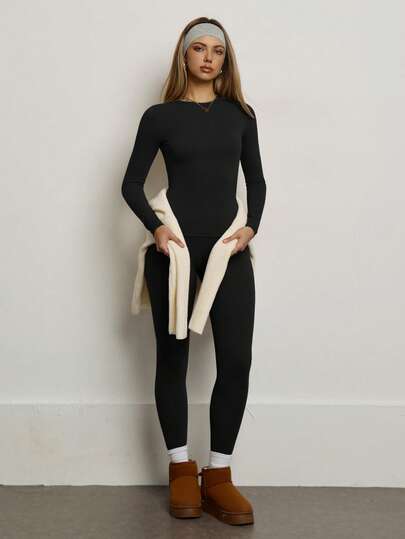 PinkTip PinkTip Women's Solid Color Seamless Stretchy Long Sleeve & Long Pants Activewear Set, Butt Lifting, Slim Fit, Soft Pants, Suitable For Daily Casual, Fitness, Running, Yoga, Pilates