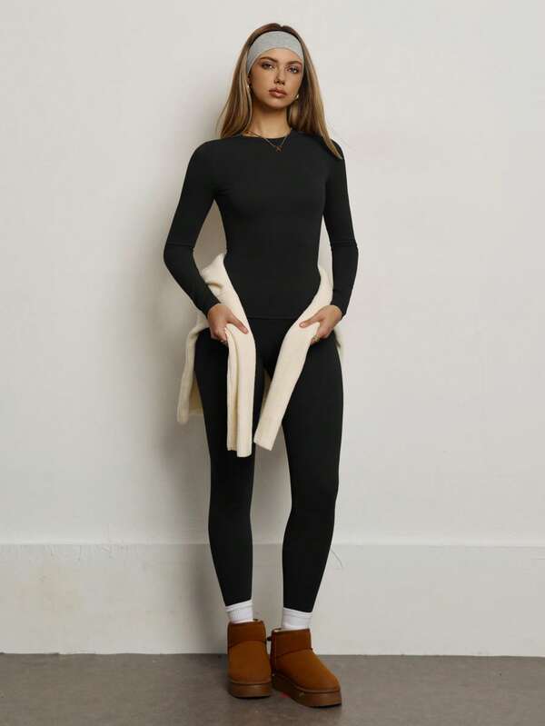 PinkTip PinkTip Women's Solid Color Seamless Stretchy Long Sleeve & Long Pants Activewear Set, Butt Lifting, Slim Fit, Soft Pants, Suitable For Daily Casual, Fitness, Running, Yoga, Pilates