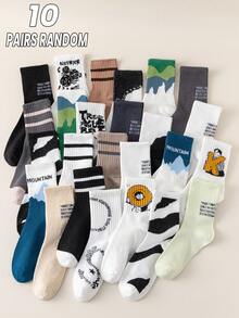 5/10 Pairs/Pack Random Style Women's Digital Funny Pattern Stripe Black And White Solid Color Hip Hop Retro Style Sports Mid-Calf Socks - Multicolor - View 5