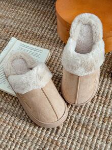 Damskie, jednokolorowe, swobodne, pluszowe kapcie wsuwane z futerkowym wykończeniem, wygodne, domowe ubranie na jesień/zimę