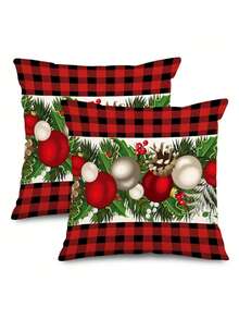 2 件黑色和红色水牛格子圣诞枕套，季节性冬季圣诞农舍枕套，沙发装饰靠垫套，单面，无枕芯 - 黑紅色 - 查看 7