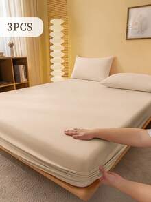 2/3 Pcs Fitted Sheet Set, Bedding, Solid Color Bed Sheet Set, Halloween Decor, Fall Decor, Christmas Decoration, Soft And Comfortable Bedding, Skin-Friendly Bed Cover Set, Room Decor For All Season, Halloween Gift, Mattress Protector For Bedroom, Fits For Single, Twin, Full, Queen And King Size Bed, 1 Fitted Sheet And 1/2 Pillowcases, Machine Washable - 駝色 - 查看 13