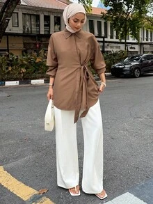 DAZY 系带落肩衬衫，长袖上衣，秋季时尚简约服饰 - 咖啡棕 - 查看 4