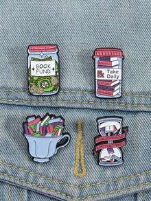 4Pcs Book Fund So Many Books Enamel Pins The Teacup Is Filled With Books Custom Brooches Lapel Backpack Badge Jewelry Gift For Friend - Multicolor - View 2
