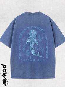 When You Go Through Deep Waters, I Will Be With You Jesus Graphic Tee  Washed T-Shirt Holiday Gifts Y2K Men's Graphic Tees, Street - Style Vintage Washed T - Shirts, 230G Cotton T - Shirts, 100% Pure Cotton, Unisex Graphic Tees  Halloween Back To School  Shirts - 藍色 - 查看 2