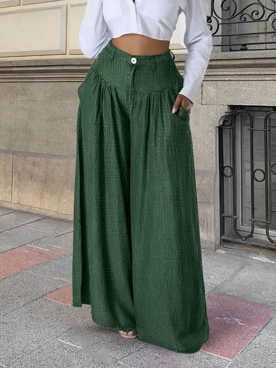 2026 New Spring/Summer Women's Solid Color Casual Elegant Street Outing Date Back To School Party Pleated Straight Leg High Waist Dark Green Pants, Suitable For Valentine's Day Date, New Year, Beach, Party, Spring Women's, Elegant And Dignified Pants. Women's Pants, Fall Women, Casual Women, Streetwear - Dark Green - View 1