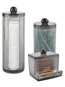 棉签收纳盒三件套，透明黑色塑料药瓶容器，浴室配件套装收纳盒，可收纳化妆棒、棉签、棉球、棉片、牙线等，适合度假海滩、浴室、卧室等场合。