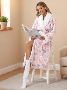 Latest Women's Long Thermal Nightdress, Soft And Warm Long Printed Fluffy Bathrobe, Autumn/Winter Thickened Bathrobe, Women's Casual Knitted Knee-Length Robe With Tie Waist, Standard Cuffs For Comfortable Sleepwear, Pocketed Shower Robe For Home Wear.