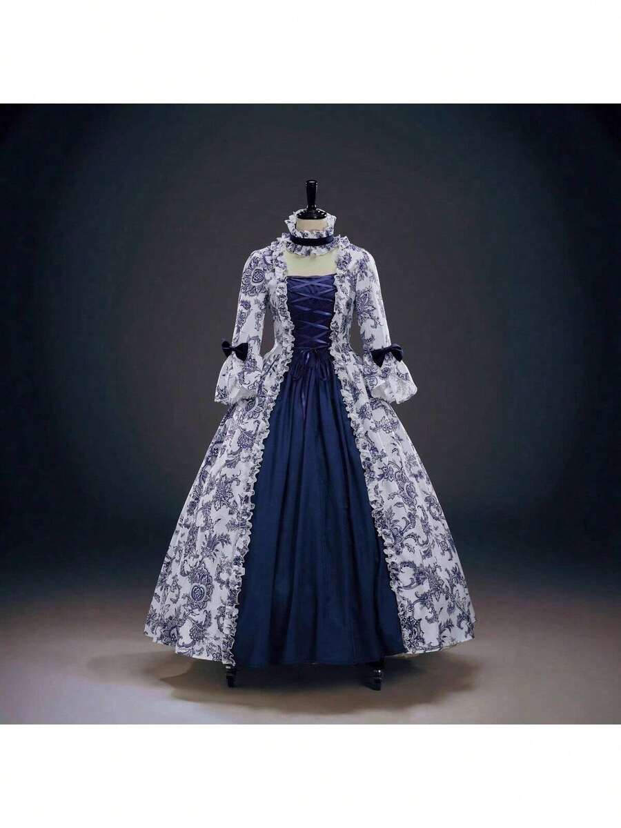 From Medieval To Victorian Era Court Dress Renaissance Gothic Lolita Style Dress With Puff Sleeves Cosplay Costume And Role Play Costume - Màu xanh lam - Xem 1