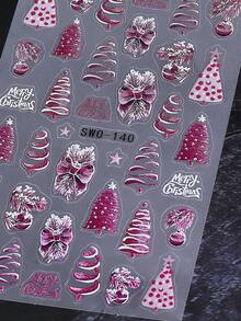 2PCS Pink Christmas Tree 5D Embossed Nail Stickers Bow Lights Crystal Ball Festival Bright Pattern Nail Art Decals Self-Adhesive Manicure Sliders Nail Accessories For Christmas New Year Holiday Gift