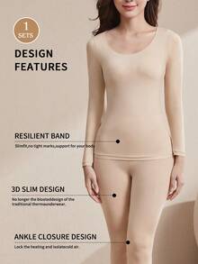 1 Set Of Women's Seamless Ultra-Thin Thermal Underwear Set - Soft And Comfortable Long Sleeve Crew Neck Top, Comfortable And Soft Tight Thermal Long Pants, Great For Underwear And Sleepwear, High Quality Material,Lightweight And Thin, Suitable For Layering.