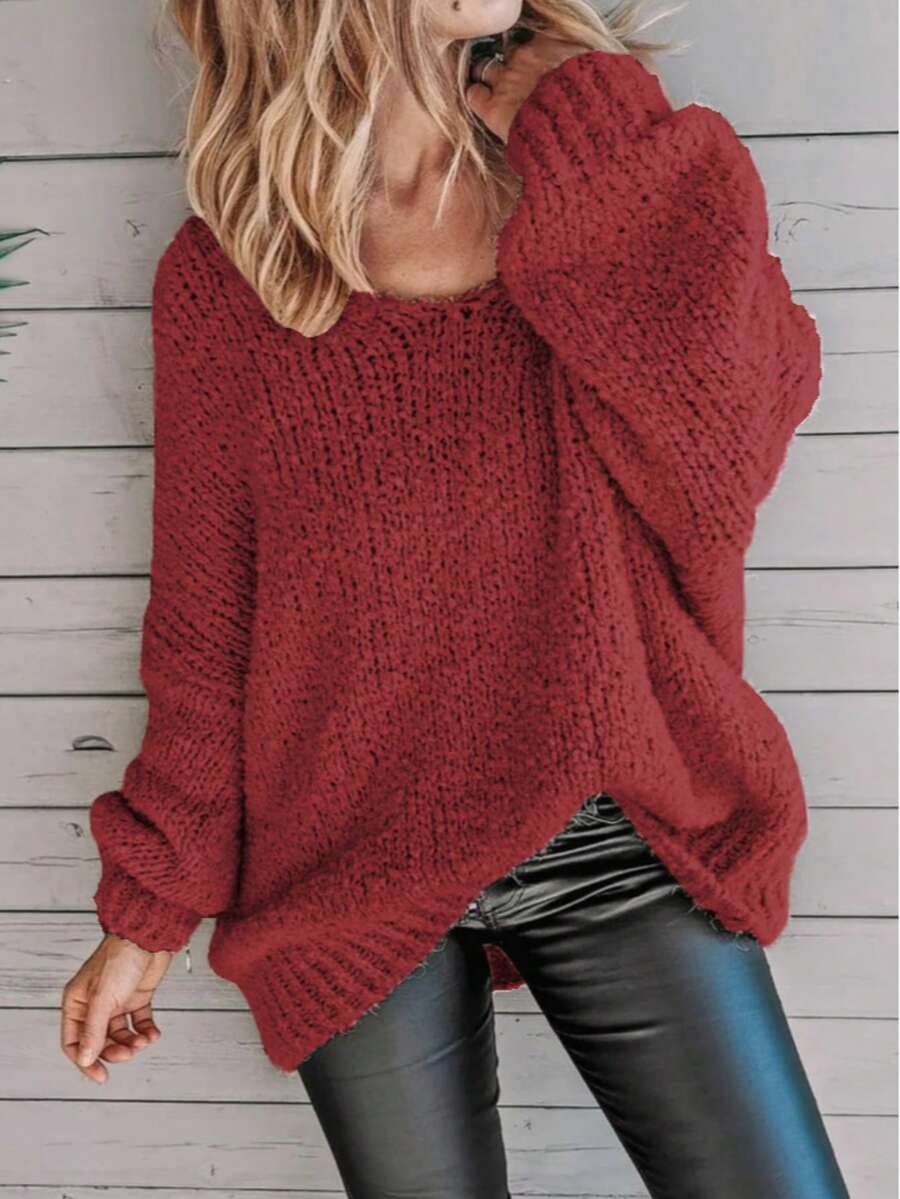 Plus Size Solid Color Crew Neck Casual Long Sleeve Knit Sweater - Burgundy - View 1