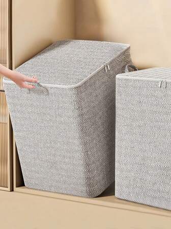 1 pieza, extra grande, organizador de almacenamiento de ropa de tela tejida en espiga moderna, cesto de ropa plegable y duradero con tapa, soluciones de almacenamiento de armario de alta resistencia, decoración de habitación, decoración de dormitorio, decoraciones para el Día de San Valentín y Año Nuevo.