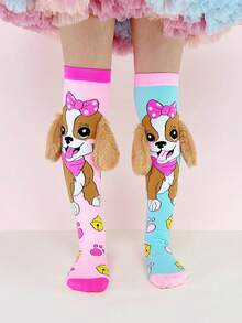 一双儿童过膝袜，粉色小狗图案，3D耳朵装饰，适合所有季节，是疯狂日、角色扮演、儿童派对、复活节、户外活动和日常穿着的理想选择，也是一份绝佳的礼物。 - 彩色 - 查看 8