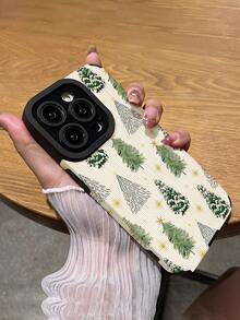 1pc Fashionable Vertical Striped Green Christmas Tree Pattern High-End Faux Leather Anti-Fall Anti-Fingerprint Shock-Proof Phone Case Compatible With Apple And Models - Multicolor - View 5