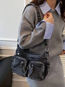 New Casual Chic Soft Jeans Multi-Layer Crossbody Bag With Multiple Pockets, Versatile Commuter Large Capacity Women's Shoulder Bag, Suitable For Work Commuting, Shopping And Traveling. - Black - View 4