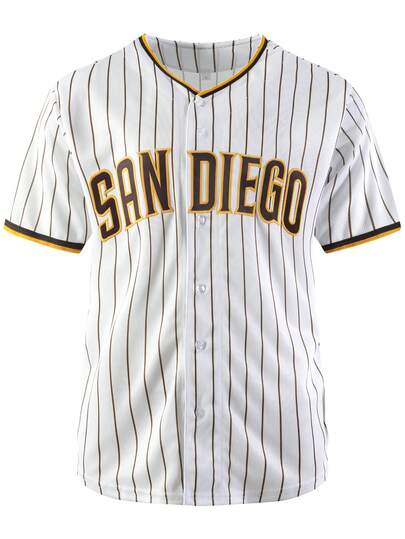 Camiseta de béisbol blanca casual de manga corta con bordado y costuras, cuello en V y botones para hombre