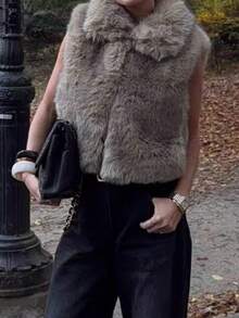 Gilet smanicato da donna invernale alla moda, con collo a bavero, in finta pelliccia, vintage, caldo e slim - Castano - Visualizzare 7