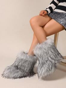 Women's Faux Fur Boot Furry Fluffy Round Toe Suede Winter Comfy Plush Warm Short Outdoor Indoor Flat Shoes Mid-Calf Boots