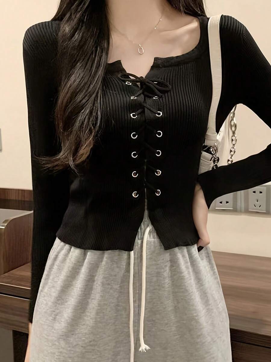 Neat Sweater For Women, Spring/Summer Clothing, Neat Top, GUREITOJP, High Elasticity, Slim Fit, Square Neck Sweater With Bow Tie Detail, All Seasons, Casual Wear, Fashionable, Perfect For Commuting, School, And Everyday Wear - 黑色 - 查看 1
