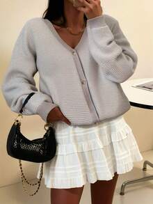 Cardigan feminino de manga comprida com estampa xadrez de outono e botão frontal, decote em V, blusa de manga comprida