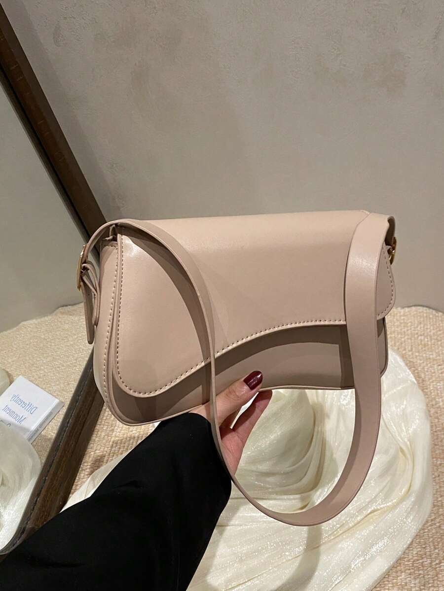 Retro Large Capacity Baguette Bag, Solid Color PU Leather Women's Shoulder Bag - Beige - View 1