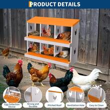 6 Compartments Chicken Nesting Boxes, Metal Roll-Away Laying Boxes With Perch & Ventilation, Waterproof & Rustproof Design For Poultry Coops, Wall-Mountable/Freestanding - Orange - View 4