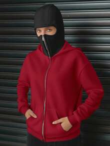 女士宽松拉链口袋卫衣，带口罩，适合秋冬季、万圣节、圣诞节等场合，时尚百搭，女士连帽卫衣休闲款 - 紅色+黑色帽 - 查看 8