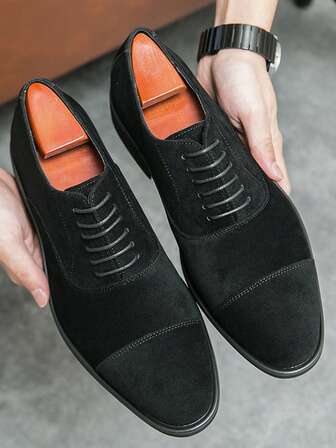 男士尖头正装鞋，复古绒面皮革系带布洛克牛津鞋，婚礼、办公室正装鞋