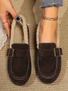 Women's -On Loafers With Thermal Lined, Metal Buckle Decor, Flat Casual Winter Moccasins
