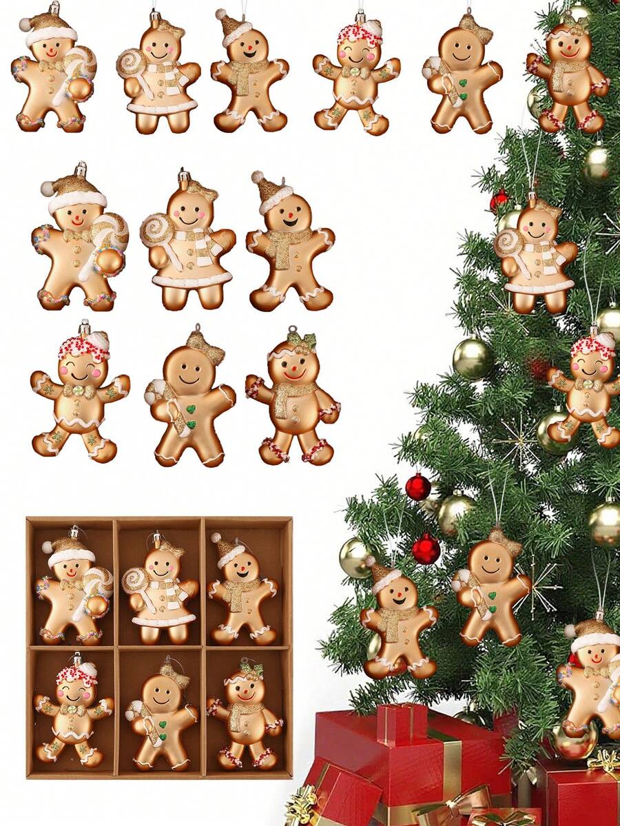 6 pièces Ensemble d'ornements de Noël en verre soufflé fait à la main - Style glamour, Père Noël, Bonhomme en pain d'épices, Designs d'arbres de fête, Pas d'électricité ou de plumes nécessaires pour la décoration de l'arbre de Noël