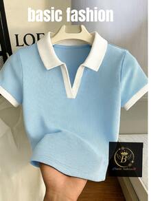 Women's Short Sleeve Cotton Polo Shirt - Màu xanh nhạt - Xem 1