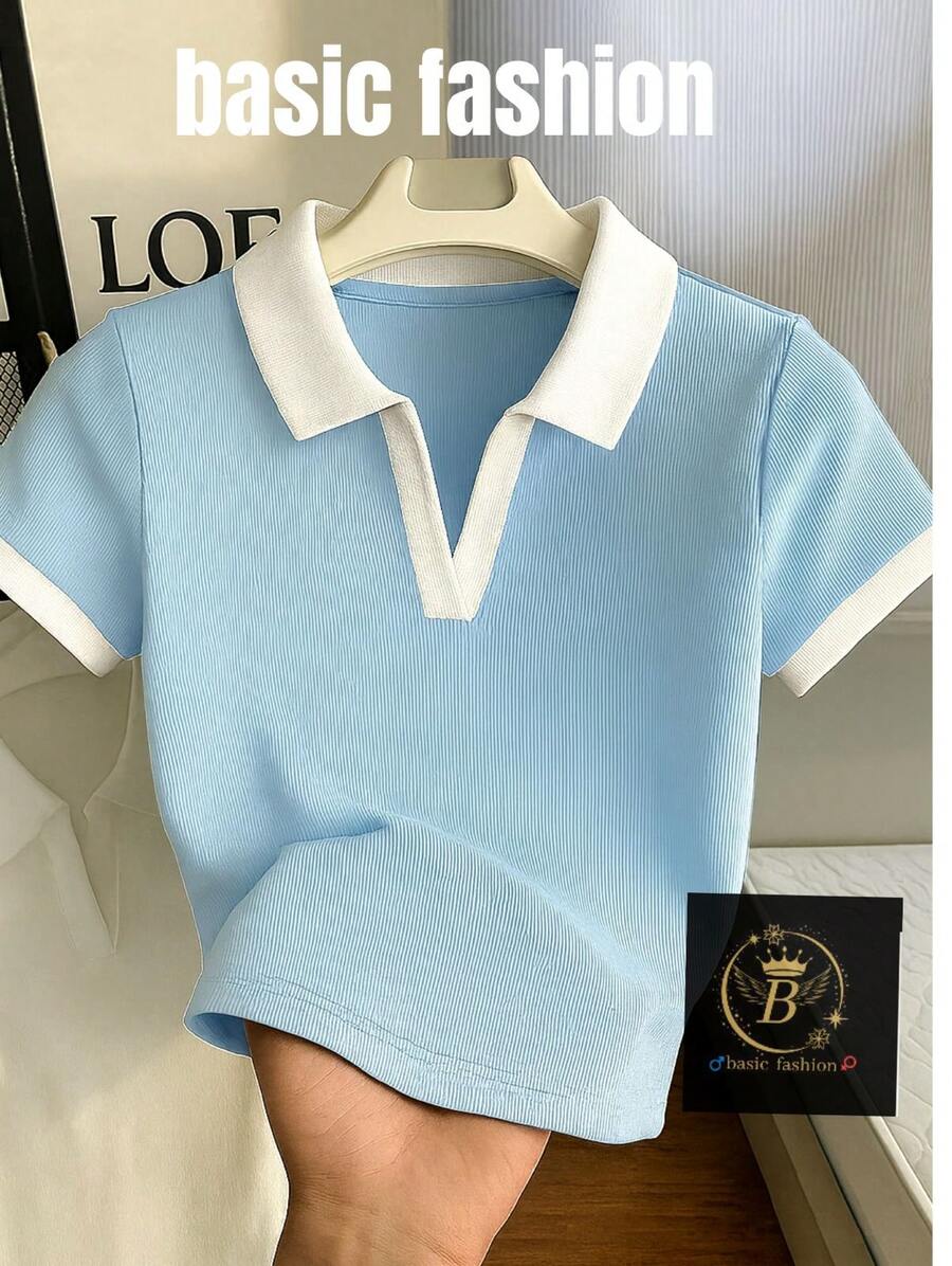 Women's Short Sleeve Cotton Polo Shirt - Màu xanh nhạt - Xem 1
