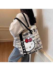 Sanrio Hello Kitty Bag Women's Large Capacity Tote Bag Travel Shoulder Handbag,Sanrio Hello Kitty Canvas Handbag, Cute KT Tote Shoulder Bag, Cartoon Versatile Tote Bag, Large Capacity Commuter Bag, Suitable For Travel, Back To School, Commuting