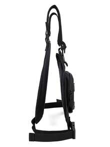 韩版新款男士黑色功能胸包，采用涤纶材质，轻便透气耐磨，易于保养，可调节肩带，正面配有网状收纳袋，可放置手机。时尚休闲、轻便百搭的男士黑色胸包，适用于户外运动、通勤等多种场景。 - 黑色 - 查看 7