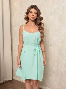 Short Women's Dress With Plain Straps And Crepe Cord, Varies In Colors - 淺綠色 - 查看 4