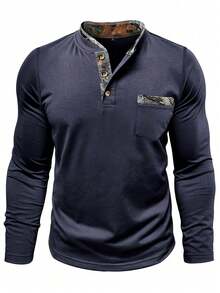 秋季大码男士长袖亨利衫 - 藏蓝色 - 查看 4