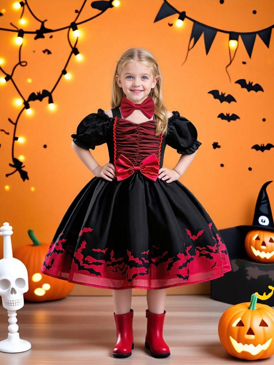 Halloween Dress For Young Girl, Black & Red Bat Pattern Bow Princess Dress, Party Performance Outfit - Black - View 1