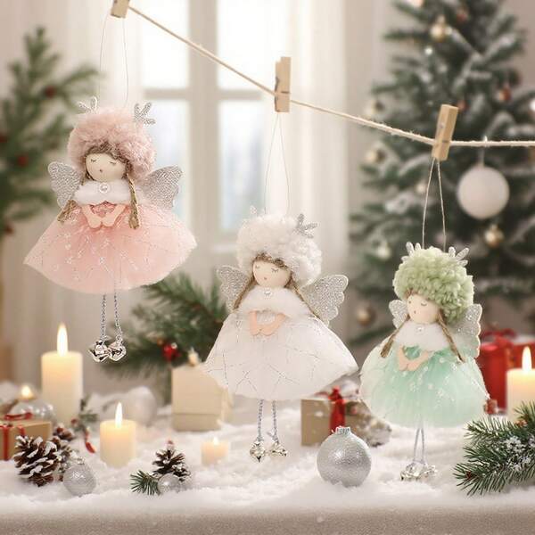 1pc Deer Horn Faux Fur Lace Pom Pom Angel Wing Christmas Tree Ornament. Christmas Decoration Includes Adorable Angel Ornament, Suitable For Christmas, New Year, Valentine's Day And Graduation Party Christmas Tree Decor