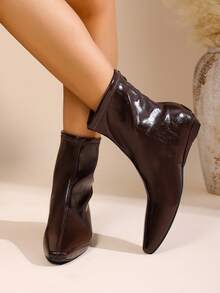 Women's Pointed Toe Solid Color Western Style Zipper Back Flat Asymmetric Heel Ankle Boots, Suitable For Commuting And Outings - Brown - View 6