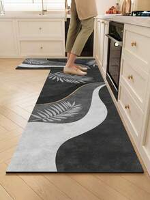 1 tấm thảm nhà bếp bằng gel silica có họa tiết lá và đường cong trang trí, tông màu đen và xám với điểm nhấn màu vàng, thiết kế nghệ thuật tối giản hiện đại, thảm nhà bếp chống mỏi có đệm, vải bề mặt, lớp xốp thấm hút ở giữa, đế cao su chống trượt, thảm nhà bếp trang trí Giáng sinh dày khoảng 3mm - Nhiều màu - Xem 11